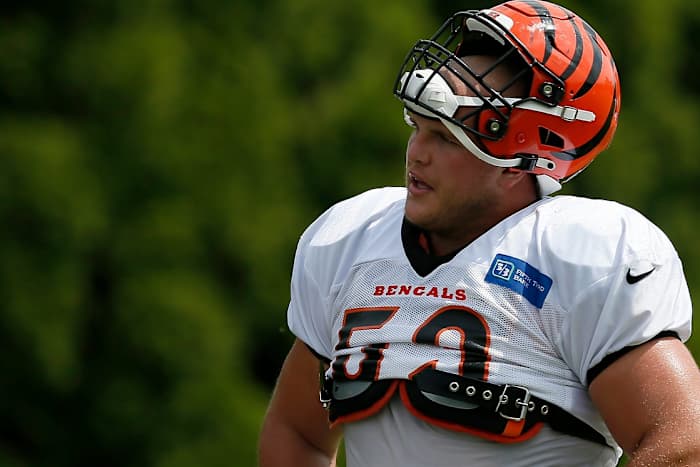 Cincinnati Bengals center Billy Price (53) walks between drills during a training camp practice at the Paul Brown Stadium training field in downtown Cincinnati on Wednesday, Aug. 4, 2021.